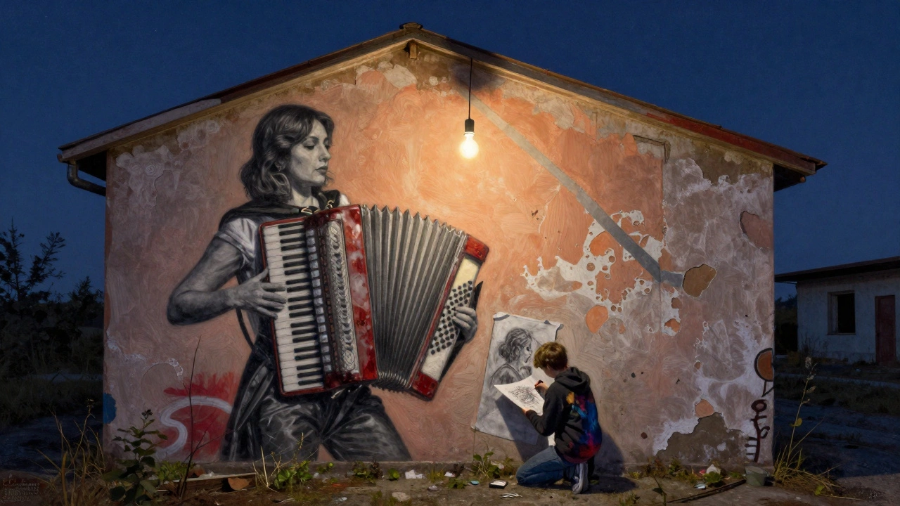 An abandoned building covered in street art of an accordion player, with a young artist sketching nearby under a dim bulb.